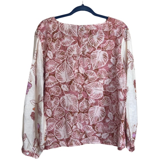 Tahari Linen Long Sleeve Floral Monstera Leaf Button V Neck - Picture 2 of 7